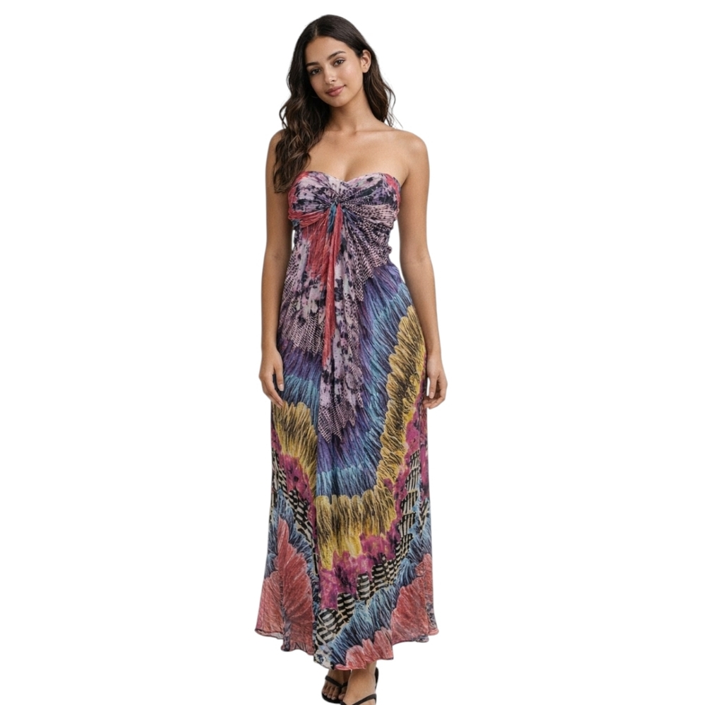 Marciano Silk Strapless Multicolor Maxi Dress with Feather Motif